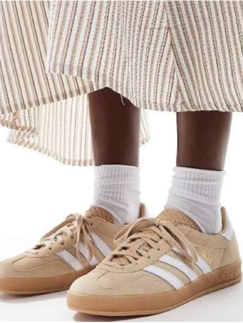 adidas Women’s Gazelle Beige Suede I Sneakers with White Stripes